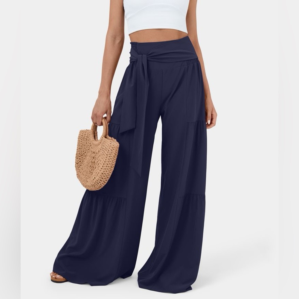 Halara High Waist Shirred Tie Front & Back Plicated Wide Leg Quick Dry Pants